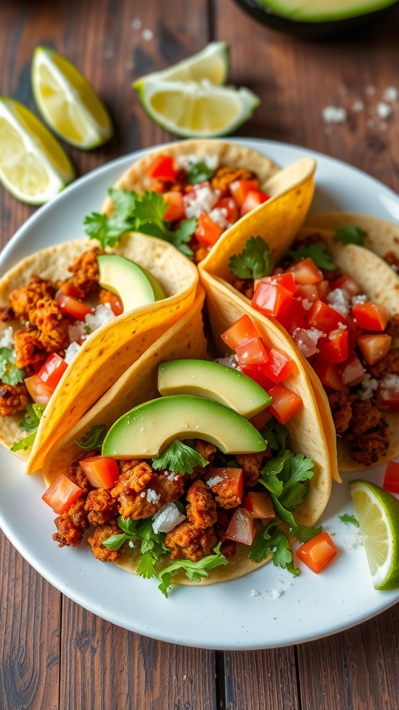 Crispy Jackfruit Tacos Recipe Crispy jackfruit tacos with lettuce, tomatoes, and avocado on a rustic table with lime wedges.